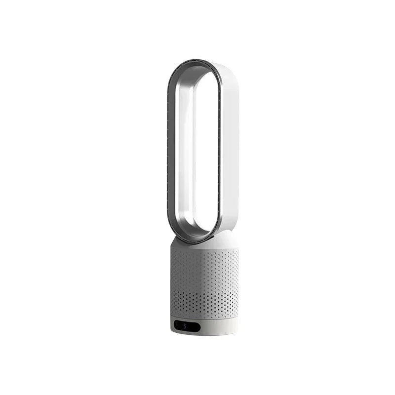 Bladeless tower fan with oval airflow loop and perforated cylindrical base in white finish for home cooling