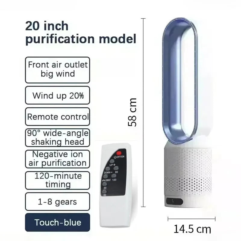 Bladeless tower fan airflow demonstration showing oval loop design and consistent air circulation pattern