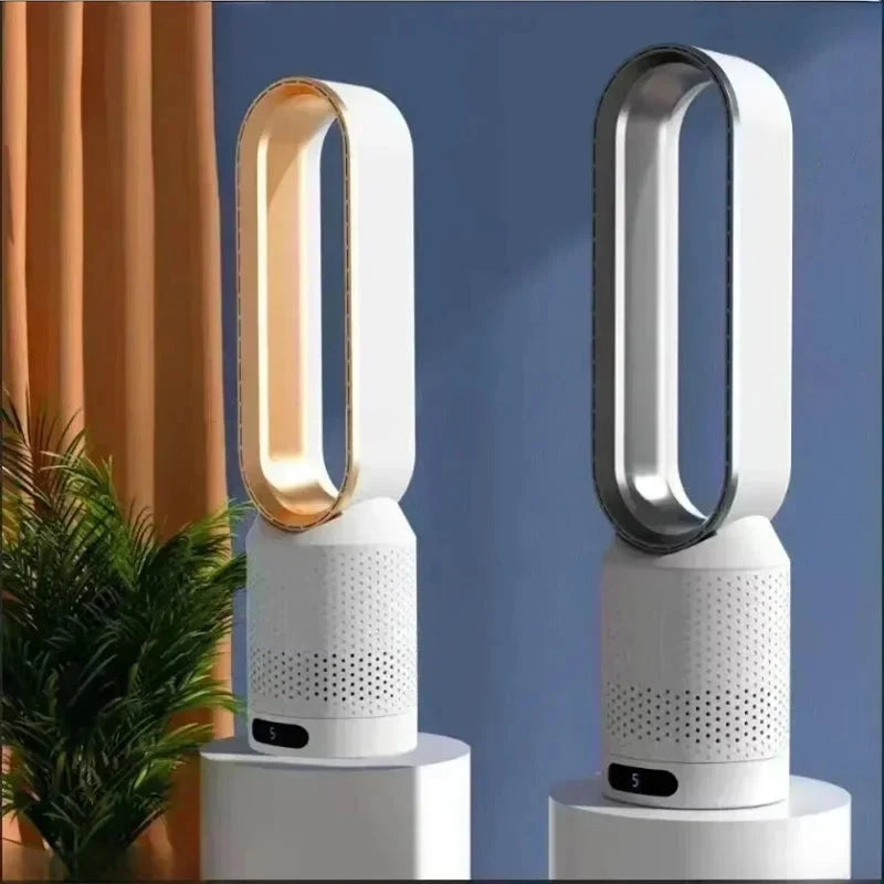 Close-up of bladeless tower fan airflow loop with smooth interior surface and structured outer frame