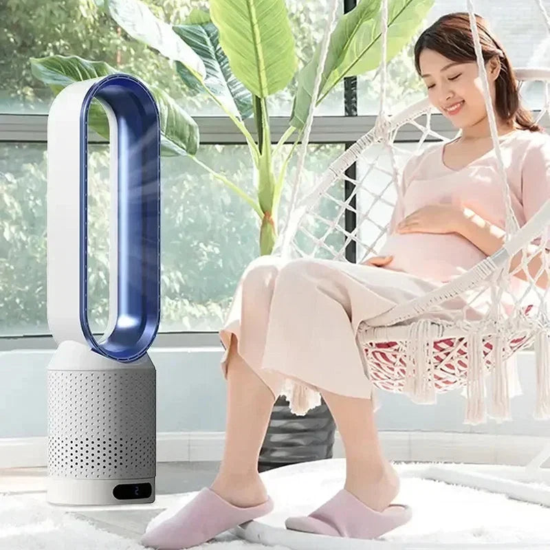 Full-length bladeless tower fan displaying elongated oval airflow channel and compact cylindrical base