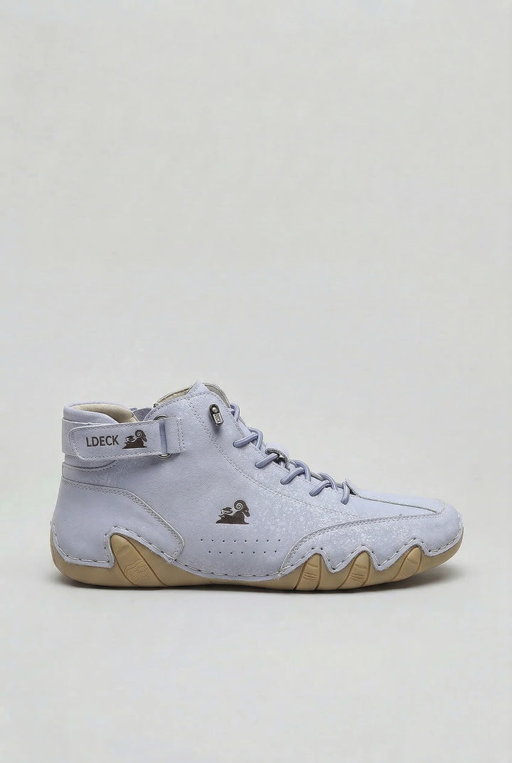 Men's high-top trainers in light blue showing cushioned comfort and everyday durability