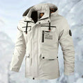 Men's hooded parka jacket in white with multiple pockets and adjustable drawstring hood shown from front