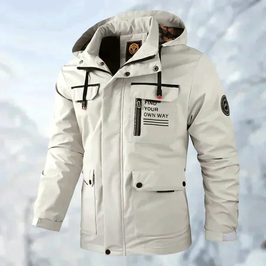 Men's hooded parka jacket in white with multiple pockets and adjustable drawstring hood shown from front
