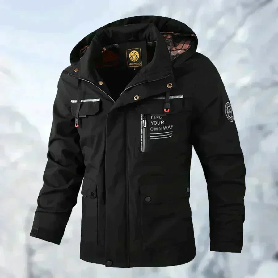 Close-up view of men's parka jacket showing chest pocket with printed detail and zip closure