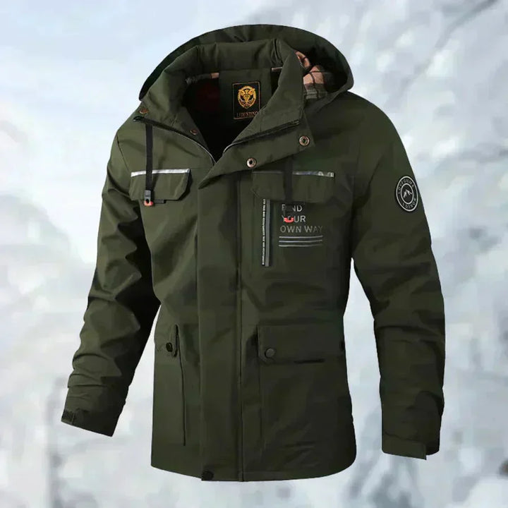 Side angle of men's hooded parka jacket displaying mid-thigh length and structured fit