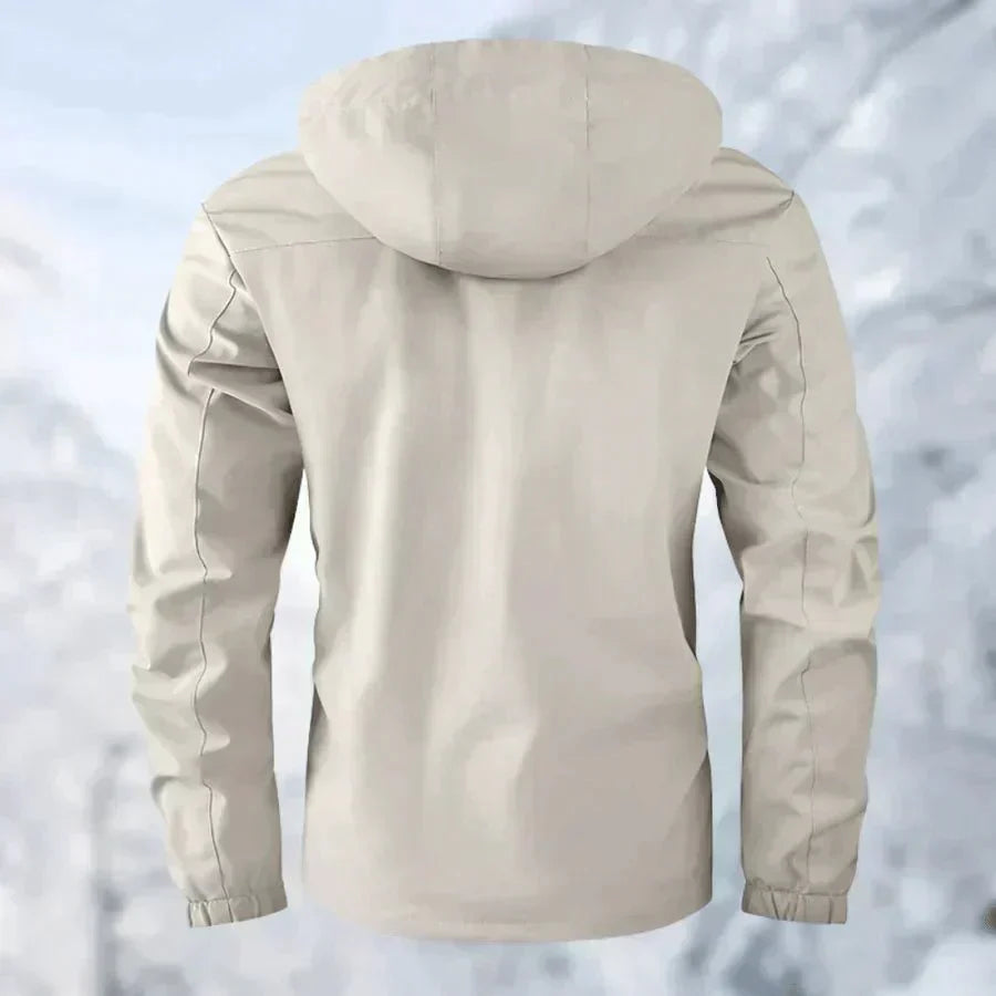 Back view of men's hooded parka jacket showing adjustable hood and overall silhouette