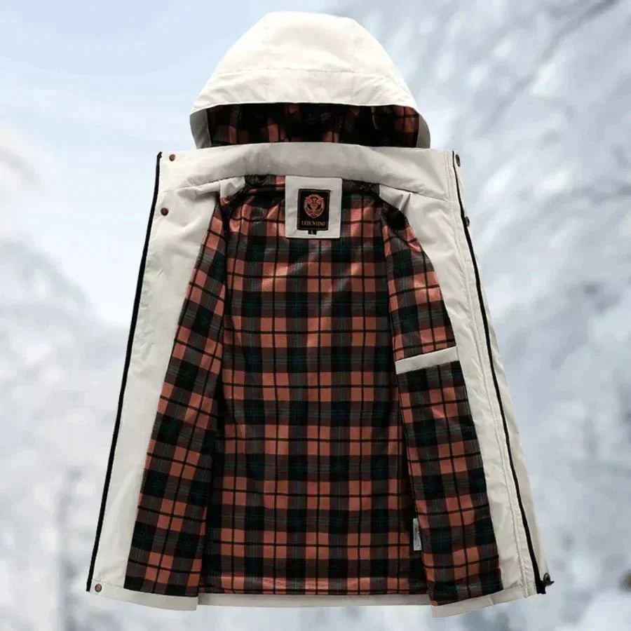 Men's parka jacket hood detail with drawstring adjustment and protective coverage