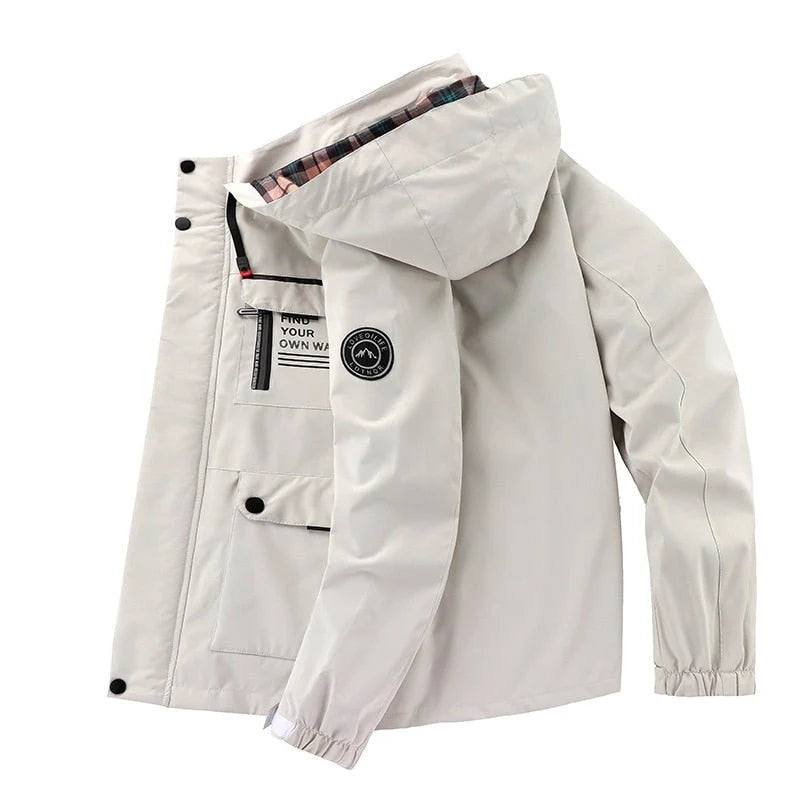 Front zip closure detail on men's hooded parka jacket with snap-over placket