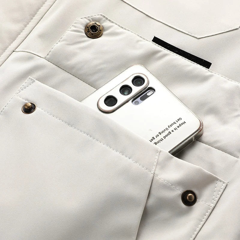 Full-length view of men's hooded parka jacket in white with all pockets visible