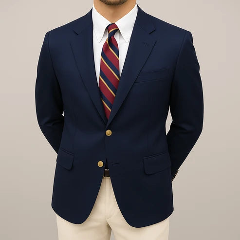Men's navy blazer with gold-tone buttons and notched lapels worn over white shirt and striped tie