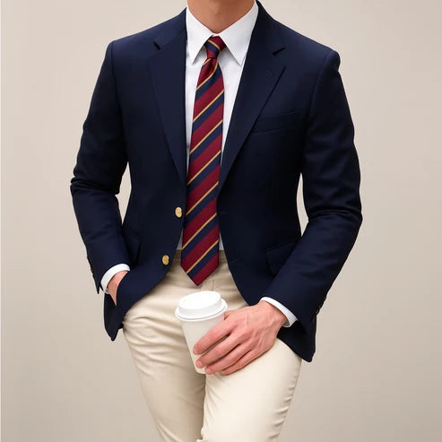Close-up view of navy blazer showing structured shoulders and tailored fit with gold button detailing