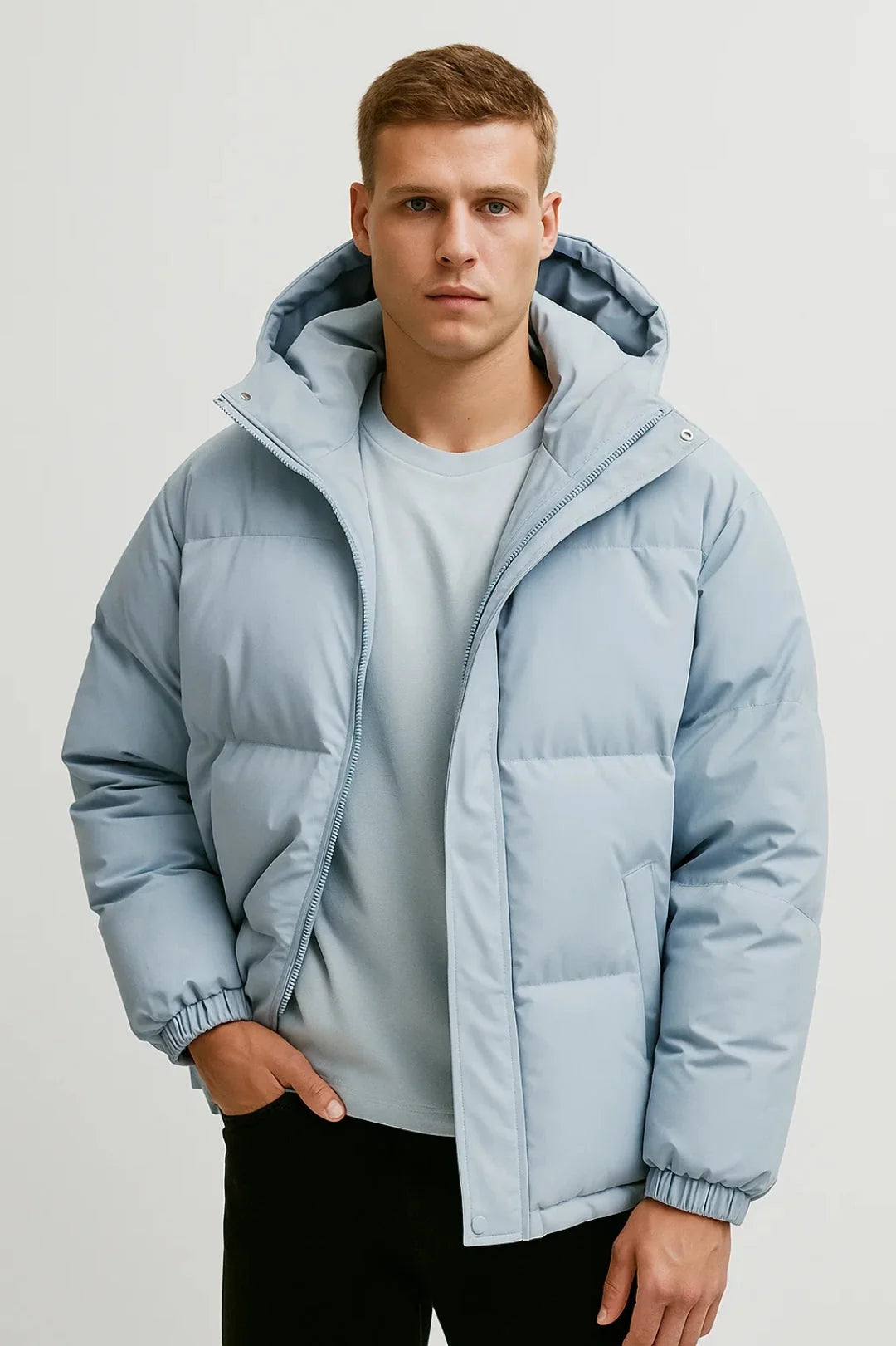 Men's puffer jacket in light blue with hooded design and quilted construction for winter wear