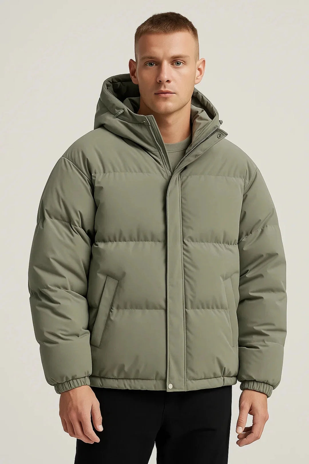 Close-up view of men's puffer jacket showing elasticated cuffs and padded panel detail