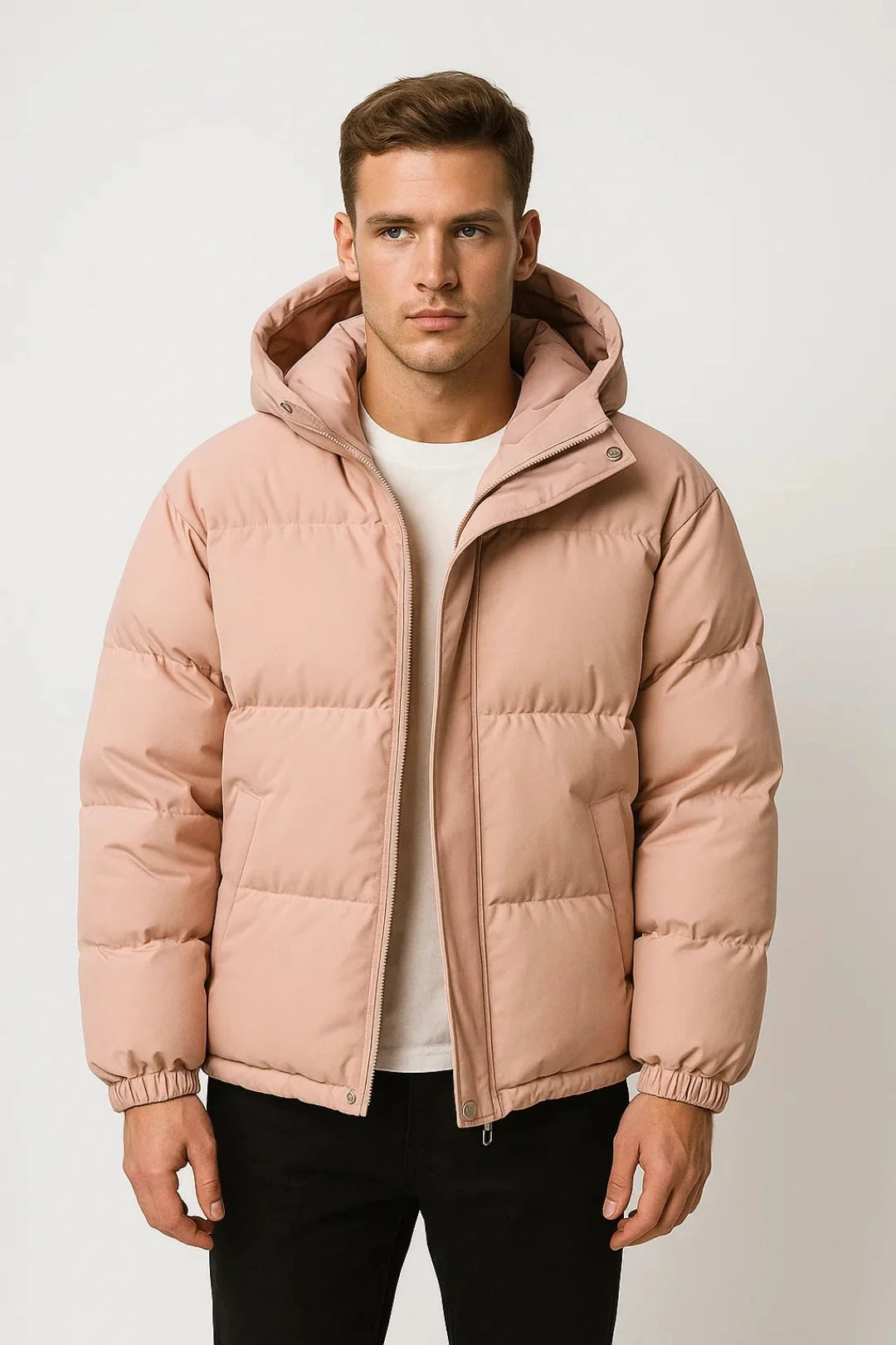 Side view of men's hooded puffer jacket featuring relaxed fit and full-zip front closure