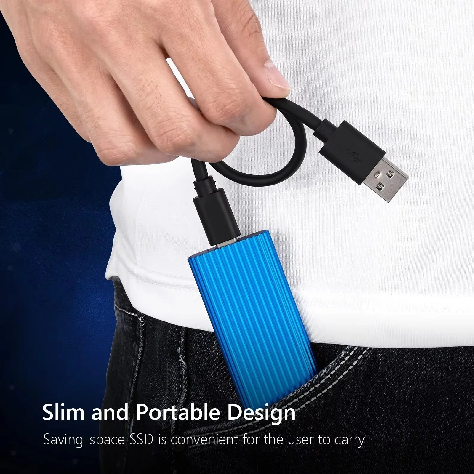 Portable external SSD drive with USB 3.1 cable being held in hand showing compact size