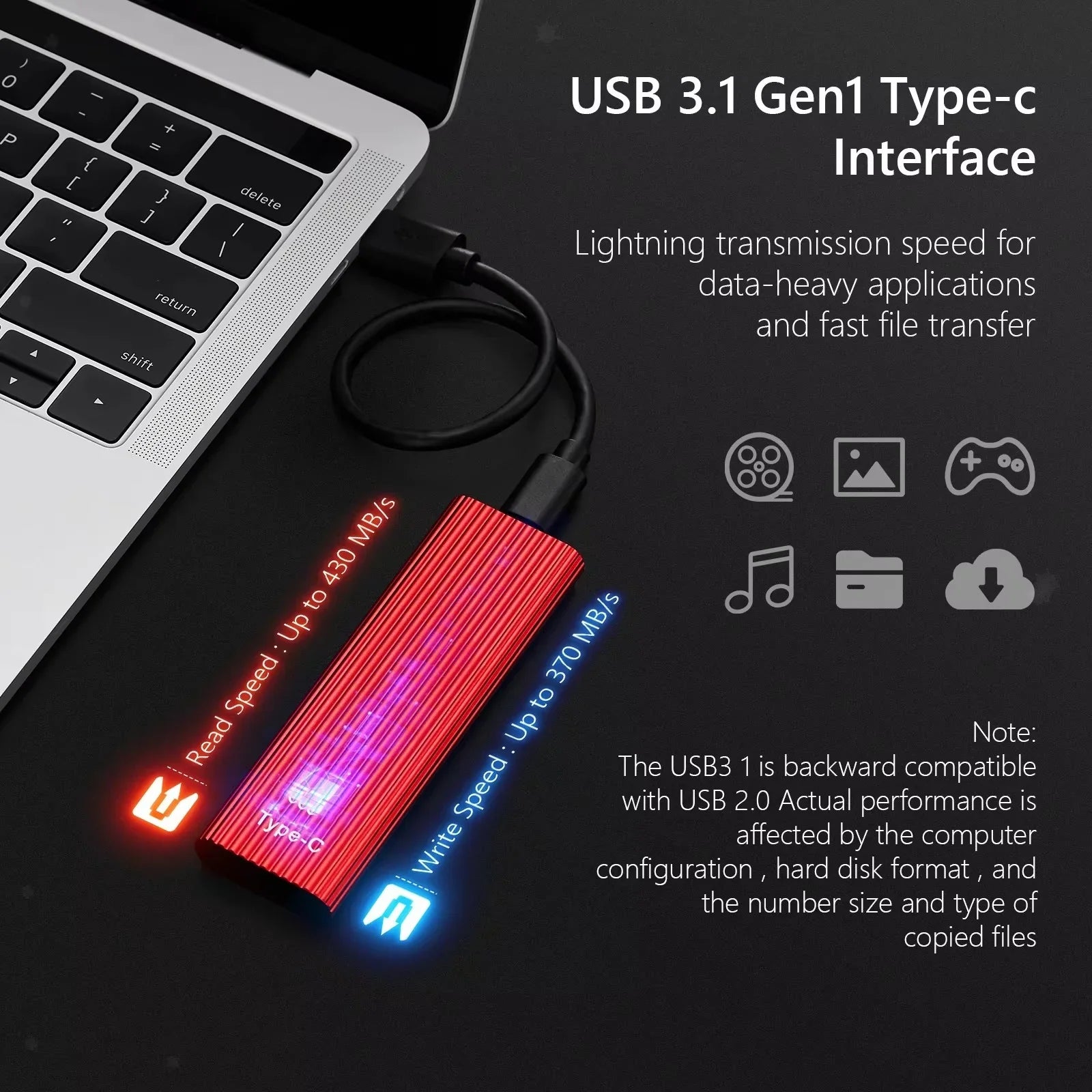 Compact external SSD drive with ribbed aluminium housing and attached USB cable for data transfer