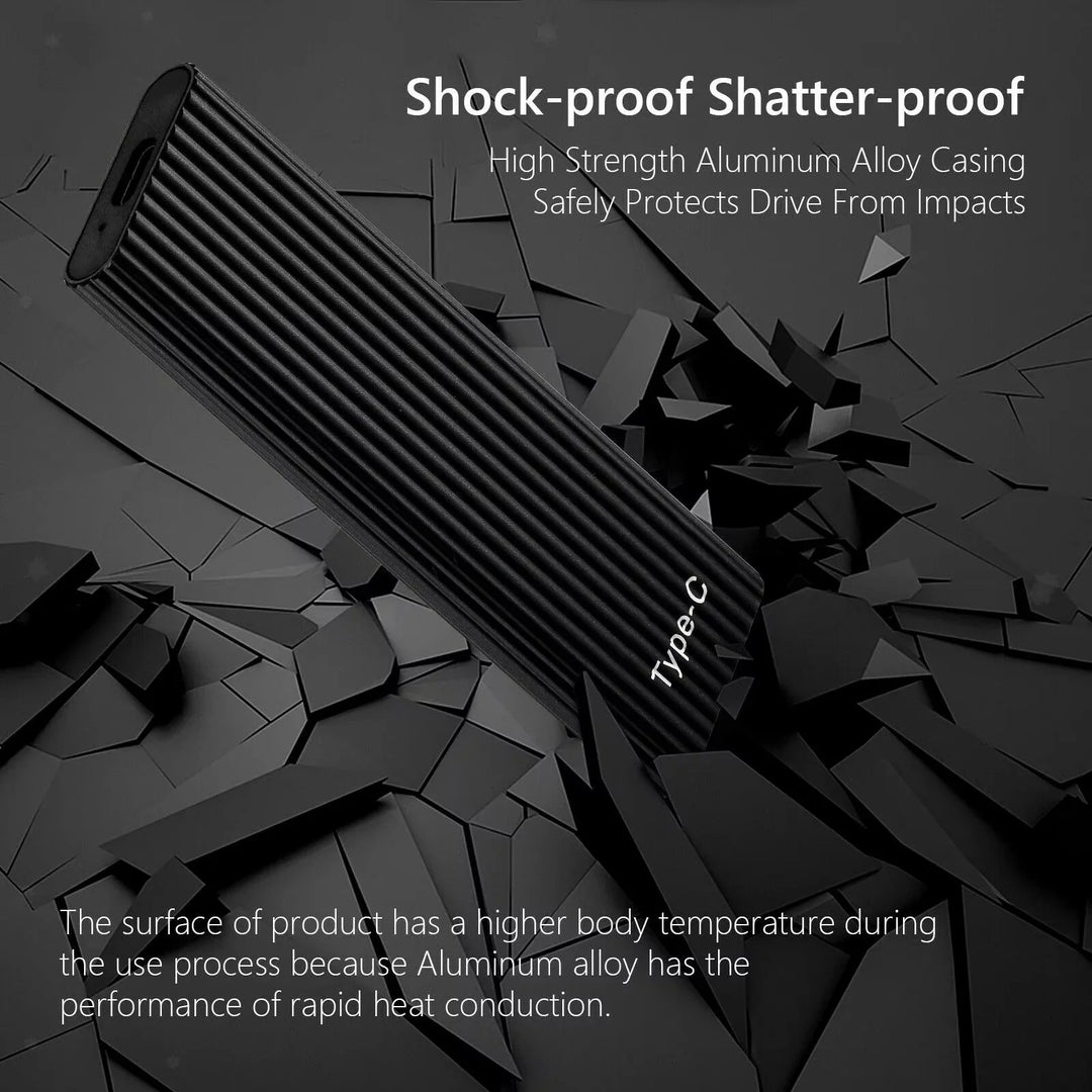 Portable solid state drive in blue showing shock-resistant construction and USB 3.1 interface
