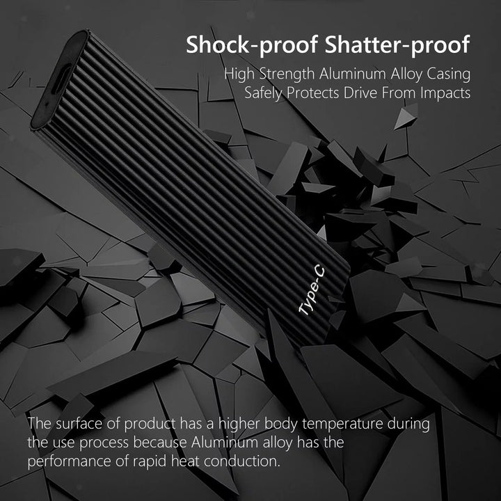 Portable solid state drive in blue showing shock-resistant construction and USB 3.1 interface