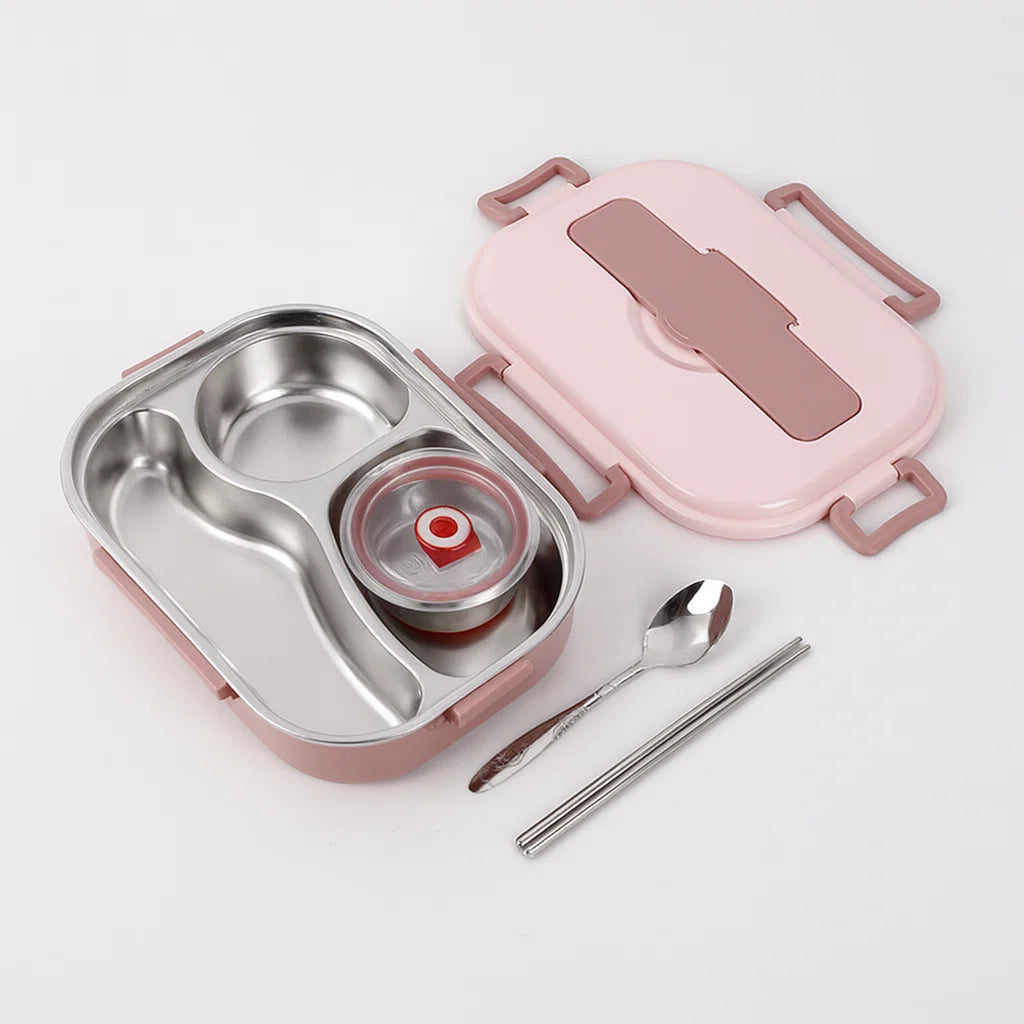 Multi-section stainless steel lunch box with silicone gasket and snap closures for fresh packed lunches
