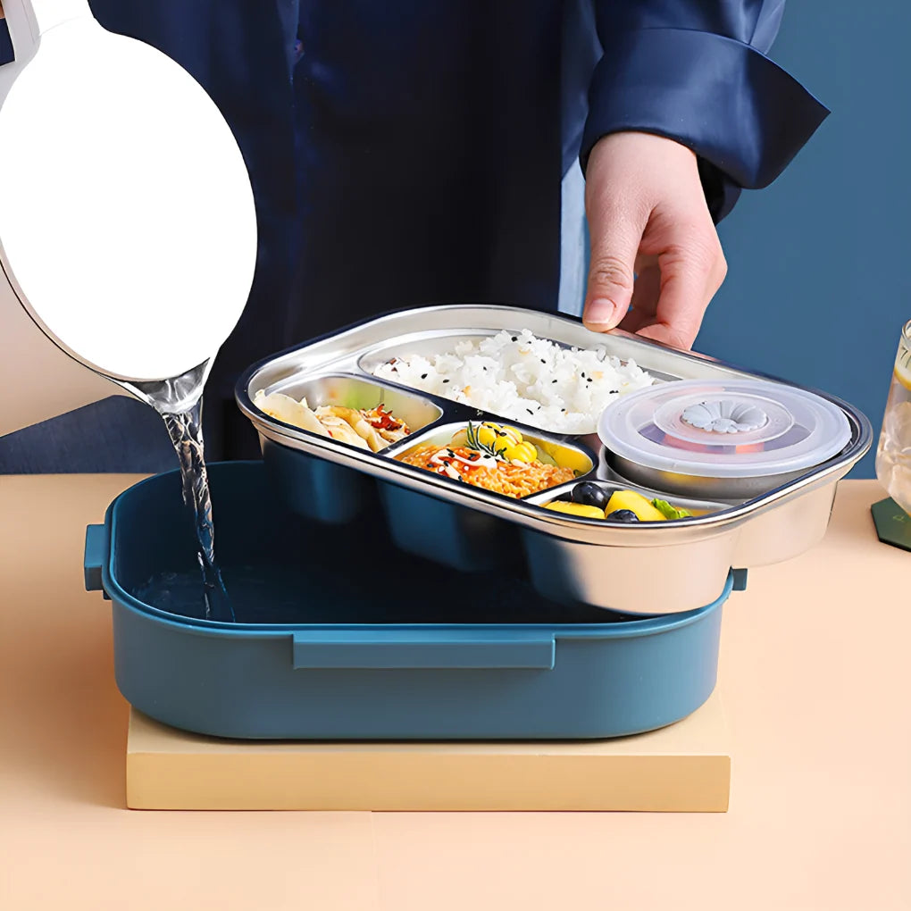 Portable stainless steel lunch box featuring separate bowl with transparent lid and integrated carry handles