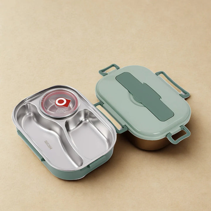 Leak-proof stainless steel lunch box with integrated handles and separate compartments for organised meals