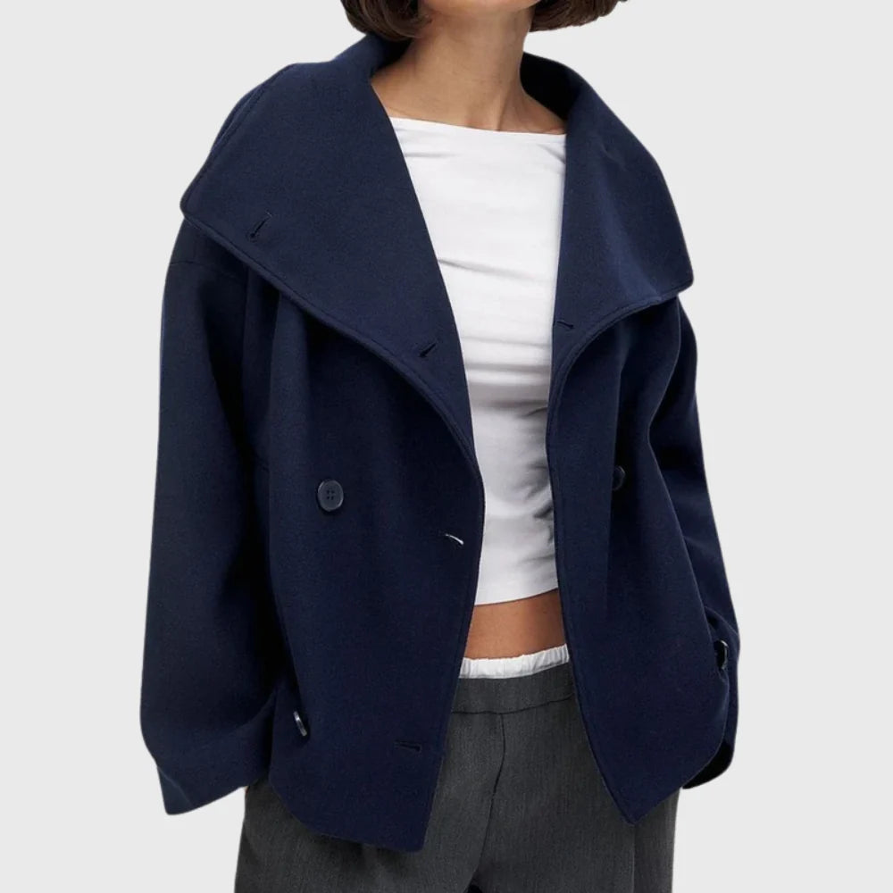 Back view of women's cropped coat showing straight silhouette and structured cut