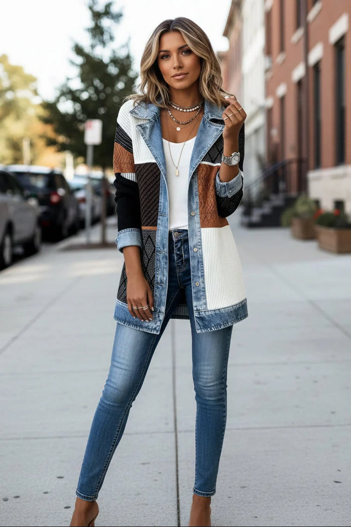 Relaxed fit women's knit jacket with denim cuffs and hem, hip-length silhouette