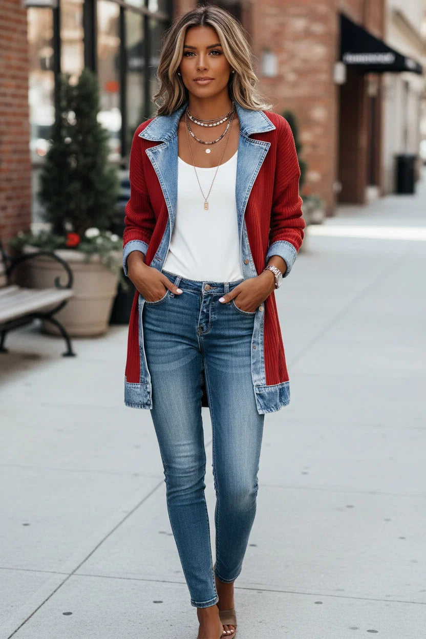 Back view of women's colour block knit jacket with denim detailing and ribbed panels