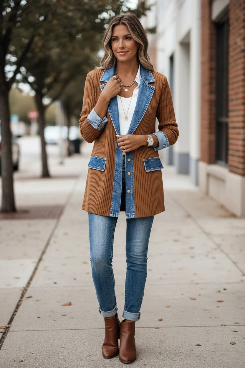 Women's denim trim knit jacket layered over casual top, showing relaxed everyday fit