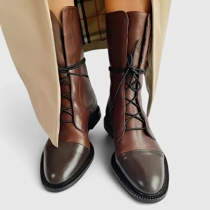 Side view of women's platform ankle boots with mid-height shaft and supportive sole