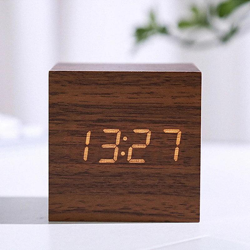 Modern wooden digital alarm clock with LED screen and dual power options