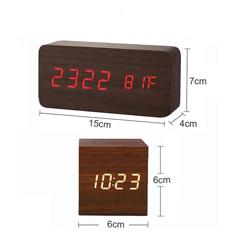 Voice-activated LED alarm clock in wooden case with clear numeric display