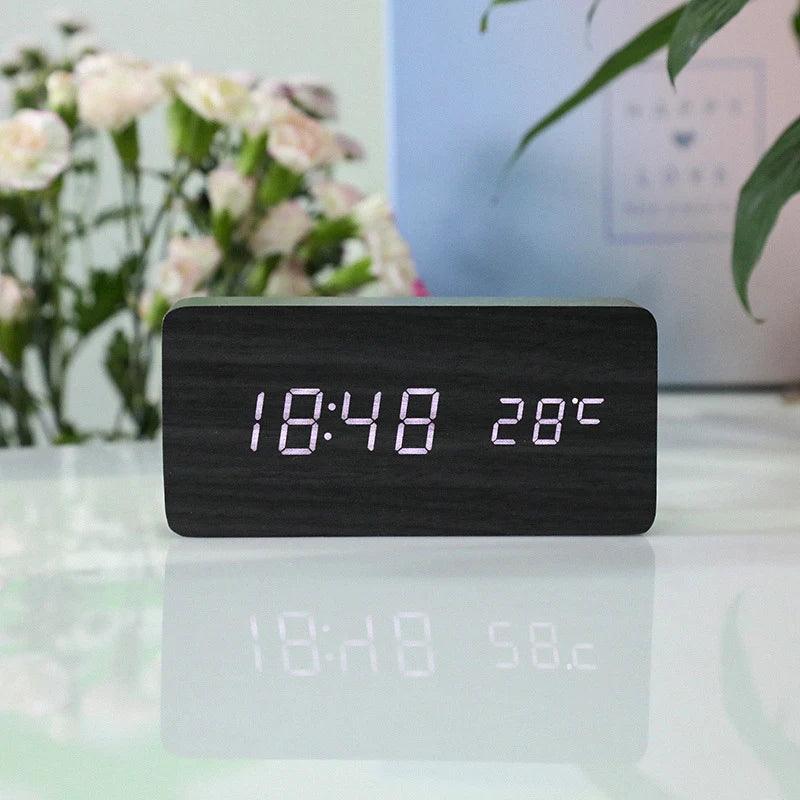 Modern wooden digital clock with LED display and voice control feature