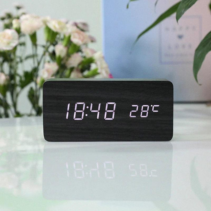 Modern wooden digital clock with LED display and voice control feature
