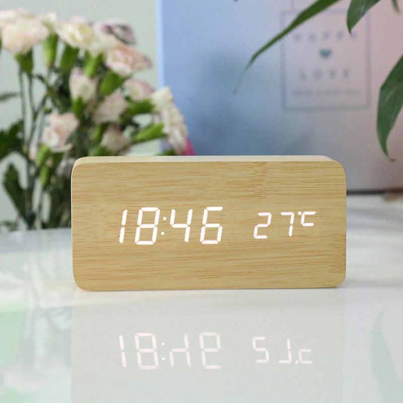 Rectangular wooden alarm clock with illuminated LED time and temperature display