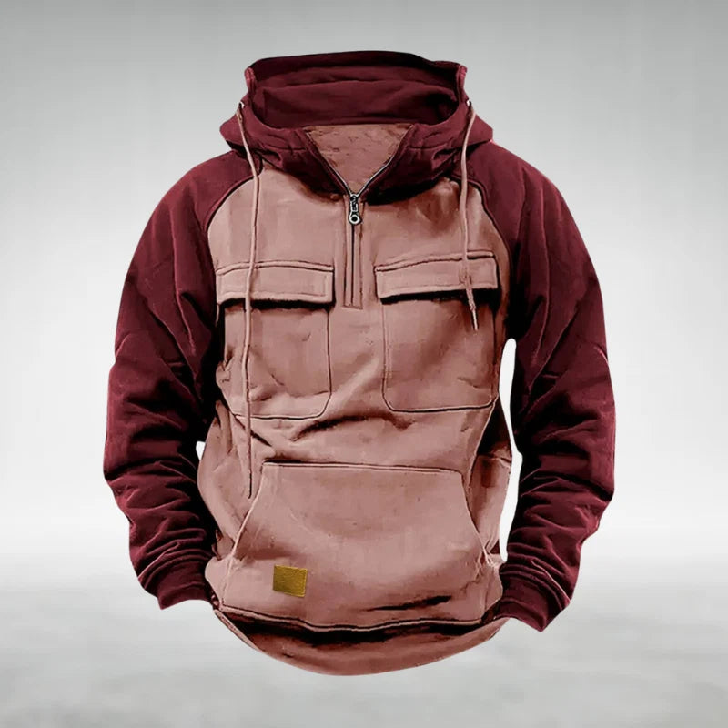Detail of drawstring hood and fleece fabric texture on men's colour-block hoodie