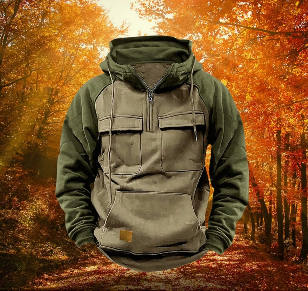 Men's zip-up hoodie flat lay showing two-tone design and functional pocket placement