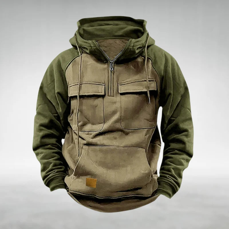 Back view of men's colour-block hoodie with black sleeves and olive body panel