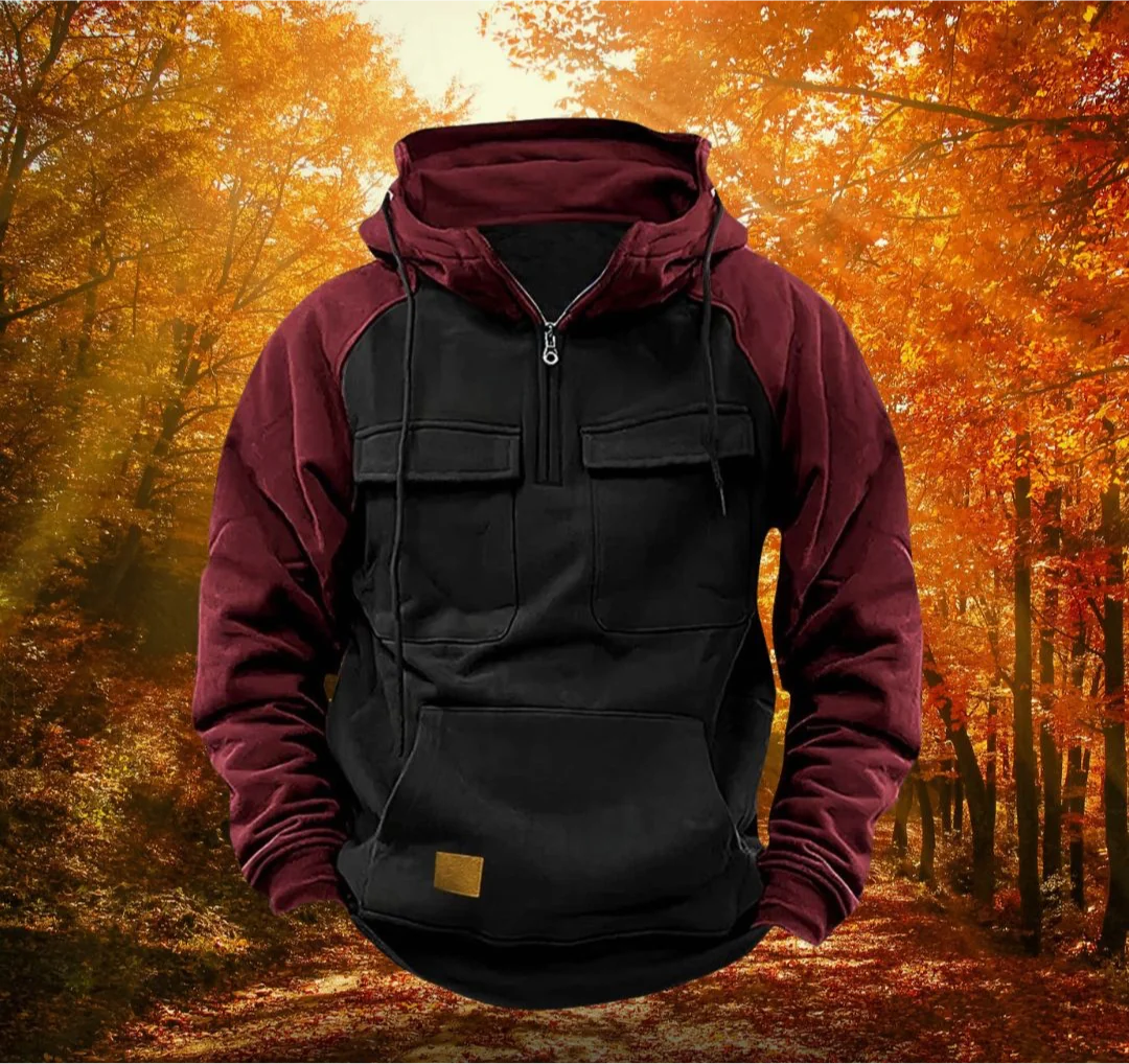 Men's hoodie worn casually showing relaxed fit and practical storage pockets