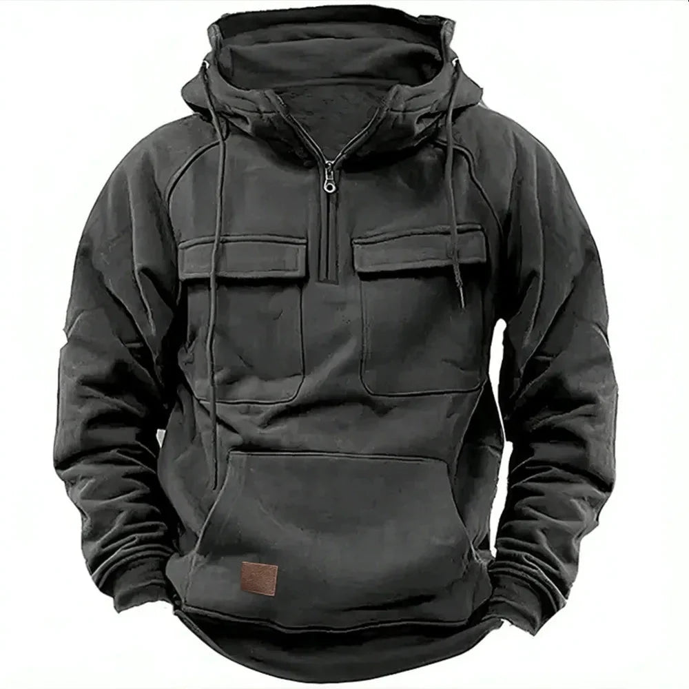 Full-length view of men's colour-block hoodie with drawstring hood and kangaroo pocket