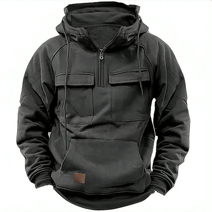 Full-length view of men's colour-block hoodie with drawstring hood and kangaroo pocket