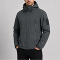 Men's hooded softshell jacket in grey with multiple zip pockets and adjustable hood for outdoor wear