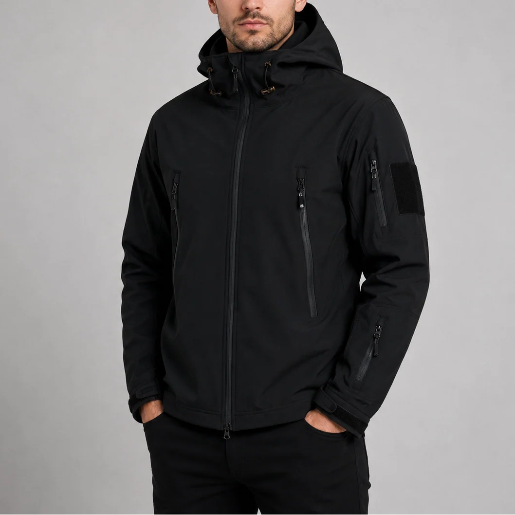 Close-up view of men's softshell jacket showing water-resistant fabric, zip pockets, and adjustable features