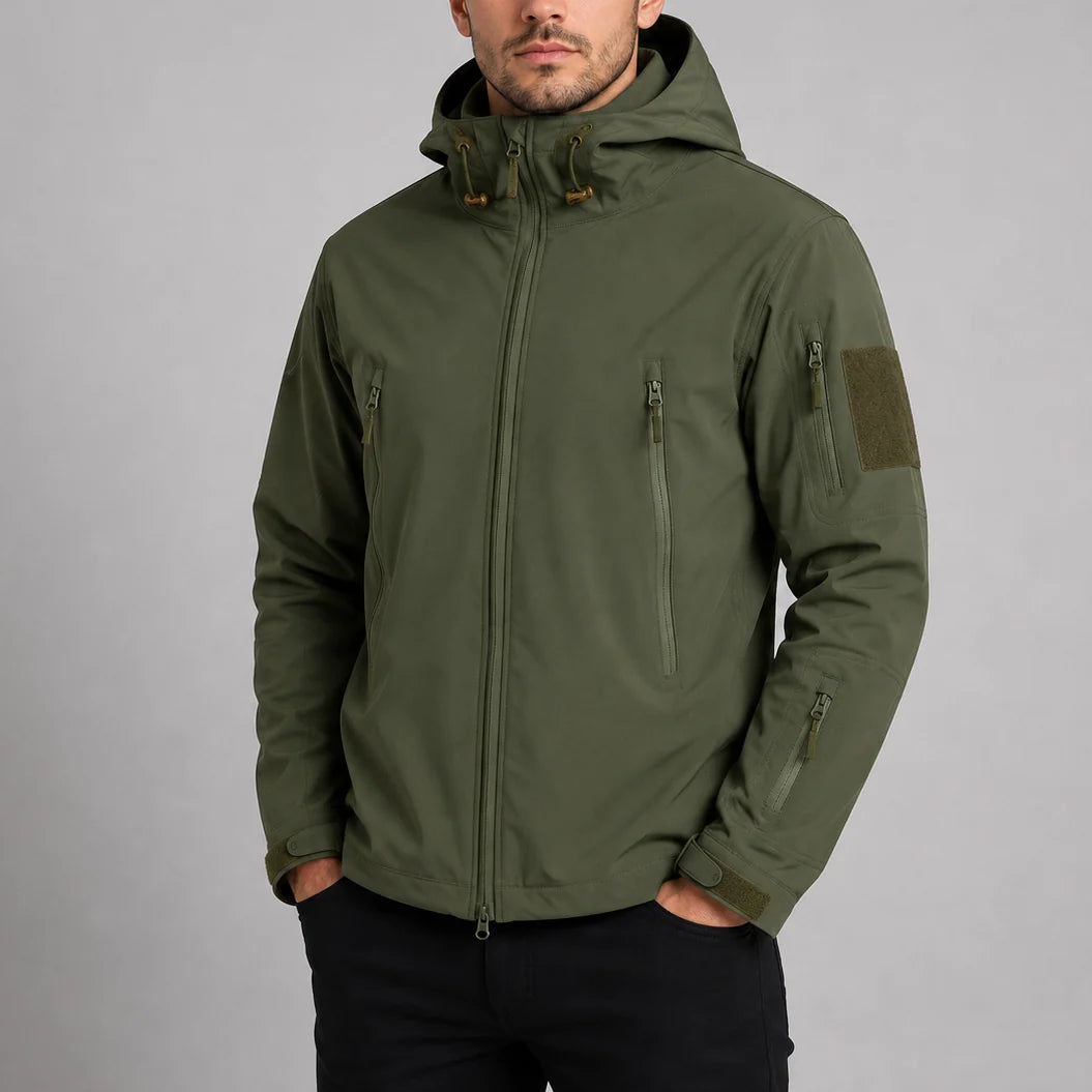 Side profile of men's hooded jacket displaying regular fit and sleeve pocket with hook-and-loop patch
