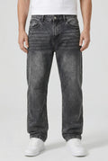 Men's loose fit straight leg jeans in washed grey with button fastening and classic five-pocket styling