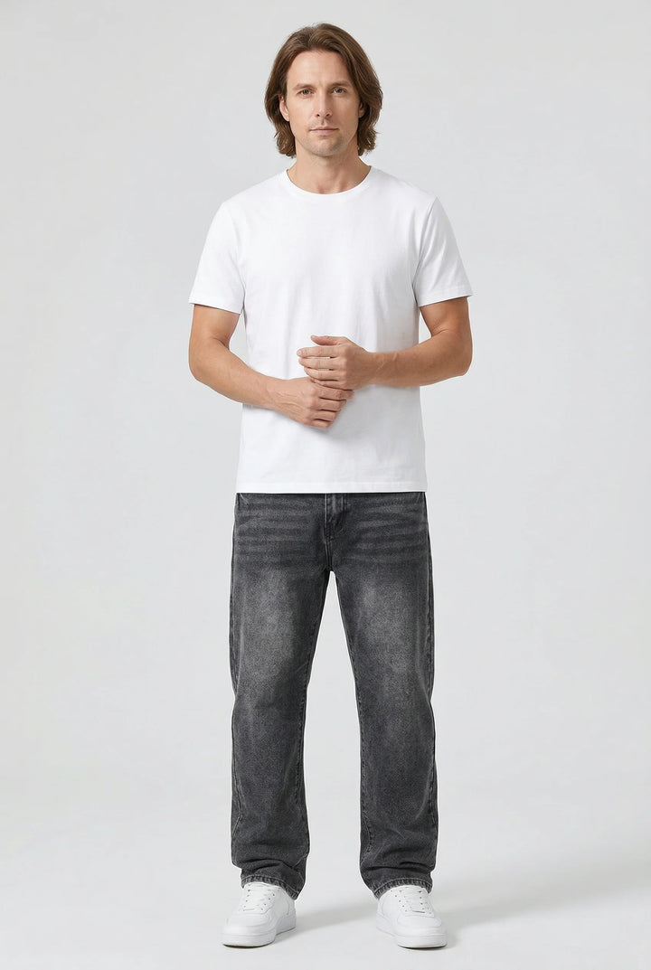 Front view of men's relaxed fit jeans showing straight leg silhouette and washed grey finish