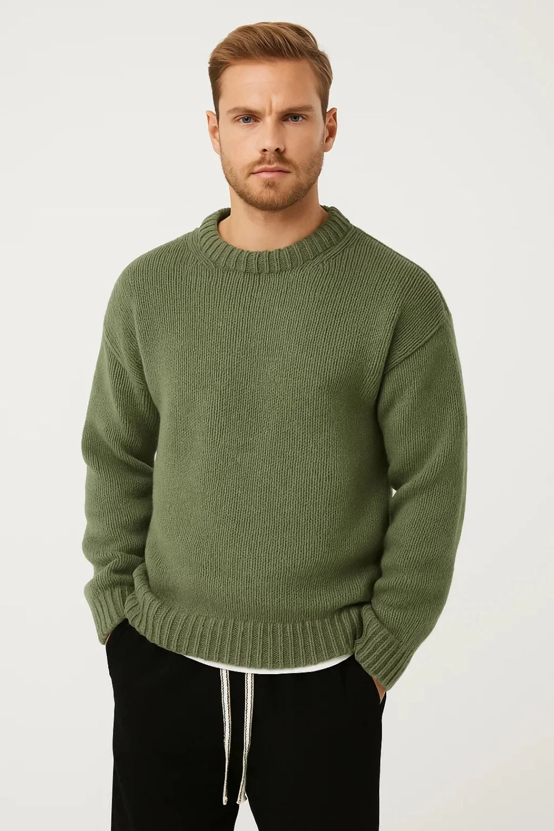 Side view of black crew neck jumper displaying relaxed silhouette and ribbed cuff construction