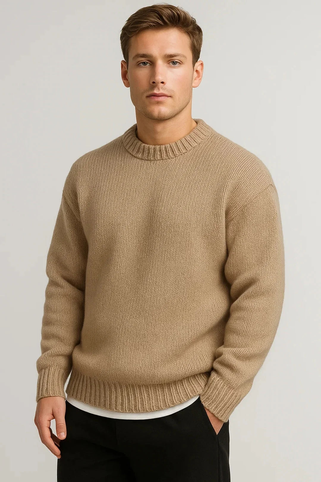 Men's ribbed knit jumper styled with casual trousers showing versatile layering piece