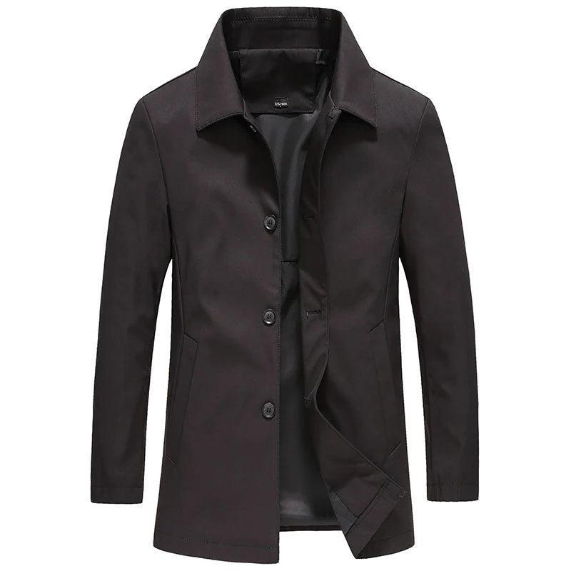 Men's tailored coat in charcoal with button-front closure and classic collar for smart-casual wear