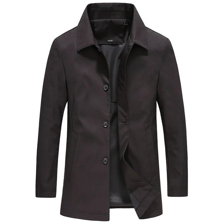 Men's tailored coat in charcoal with button-front closure and classic collar for smart-casual wear